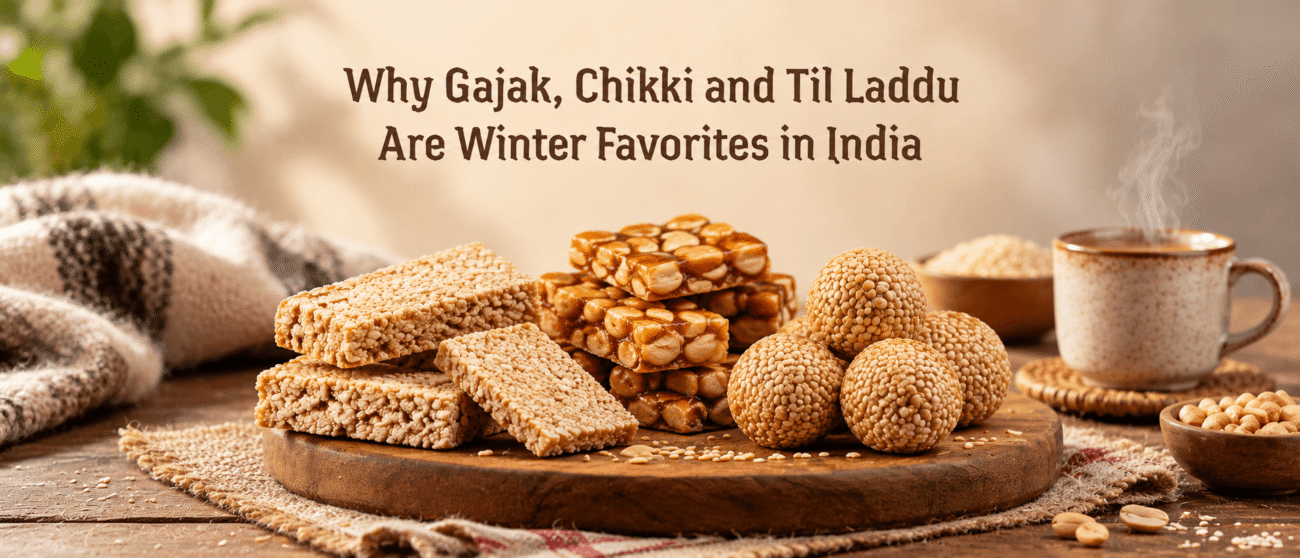 Traditional Indian winter sweets gajak, chikki and til laddu arranged together with sesame seeds and jaggery