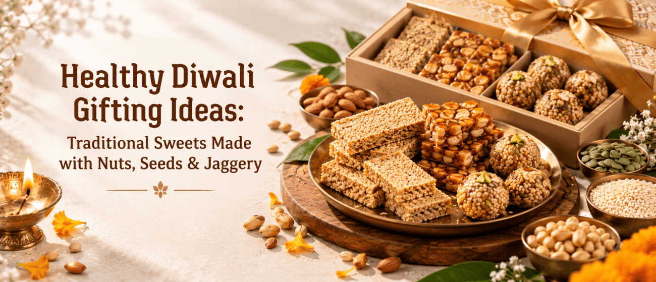 Healthy Diwali gift hamper with gajak, chikki, til laddu and dry fruits made from nuts, seeds and jaggery