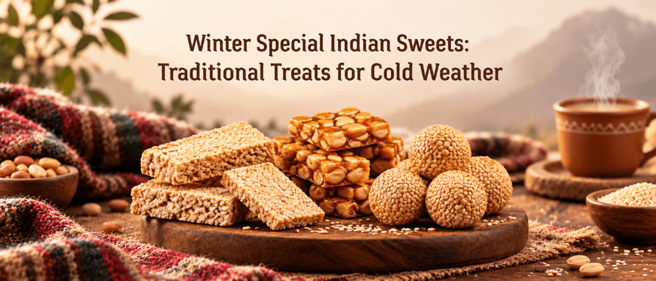 Assortment of winter special Indian sweets including gajak, til laddu, gajar halwa and pinni on a decorative platter